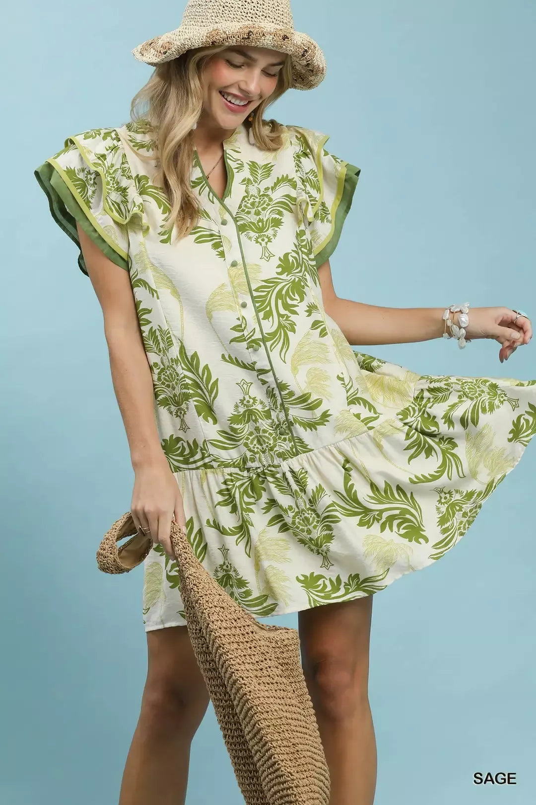 Sage toile print mini dress with button-front bodice and fluttery ruffle sleeves