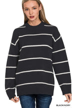 Black & White Striped Crew Neck Pullover – Relaxed Fit Knit Sweater