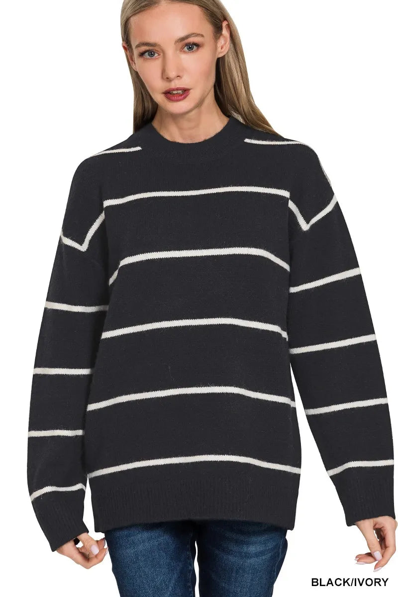 Black & White Striped Crew Neck Pullover – Relaxed Fit Knit Sweater