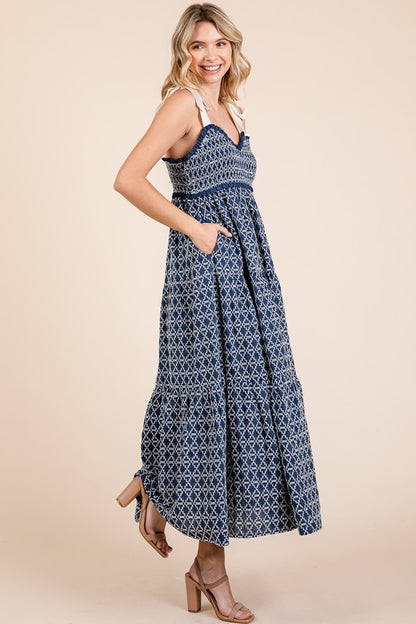 GeeGee Geometric Embroidered Smocked Tie Shoulder Midi Dress