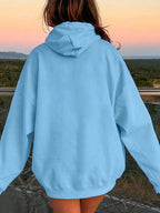 Light blue drawstring dropped-shoulder hoodie with hood, back view
