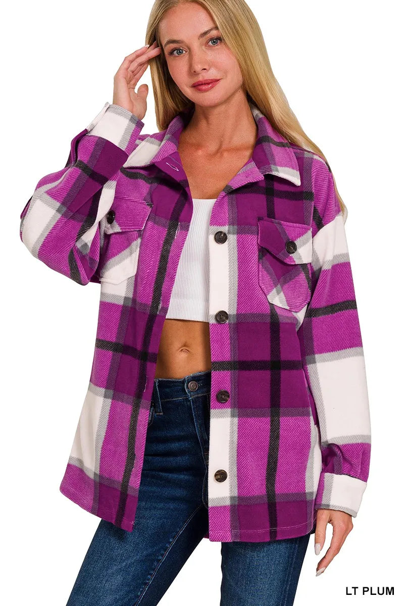 Purple Plaid Flannel Jacket for Women Oversized Button-Up Casual Shacket