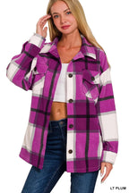 Purple Plaid Flannel Jacket for Women Oversized Button-Up Casual Shacket
