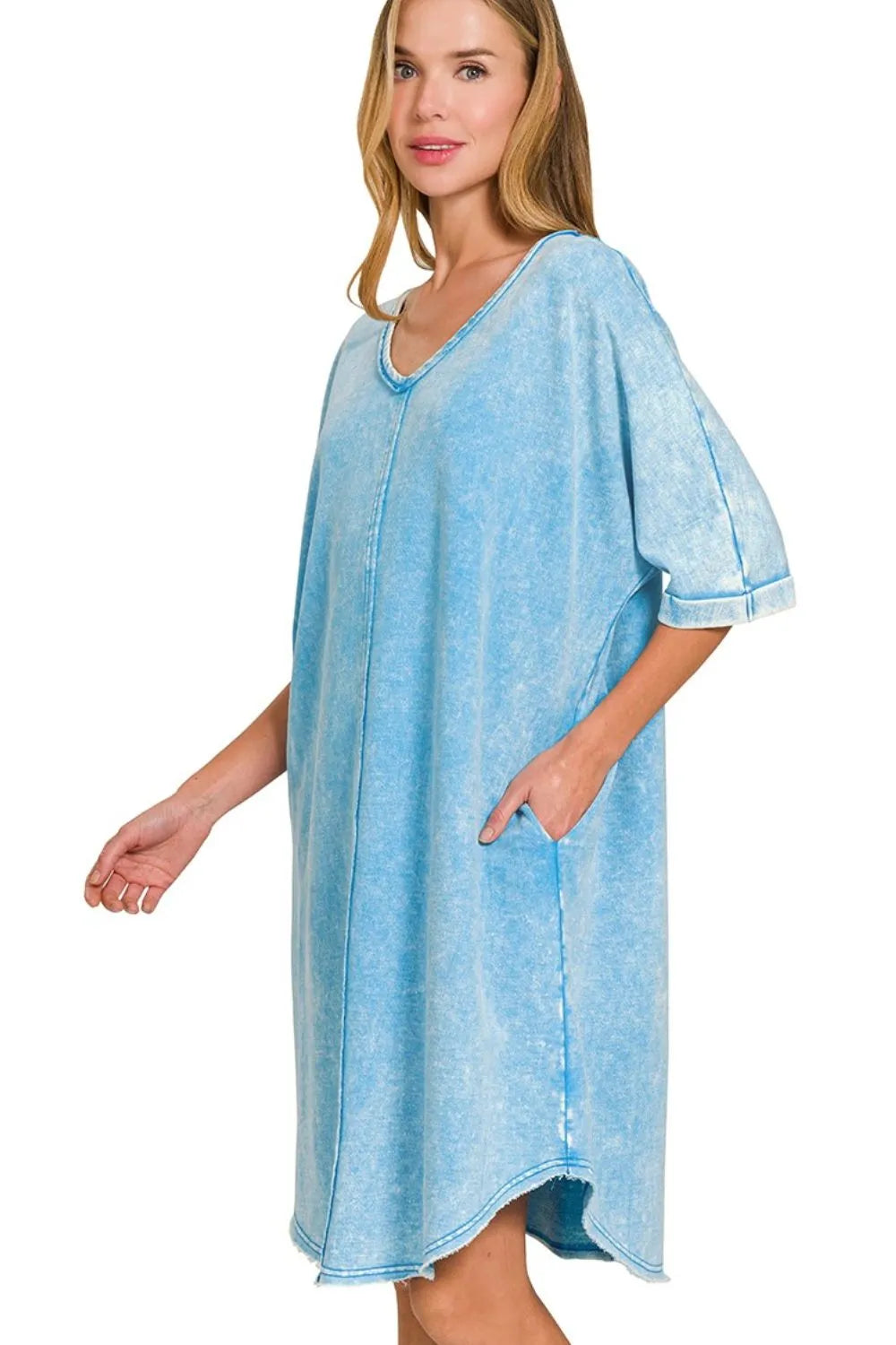 Acid Wash Oversized T-Shirt Dress with Pockets & V-Neck