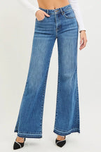 Women's high-rise wide-leg jeans, medium blue denim with released frayed hem