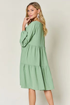 V-Neck Balloon Sleeve Tiered Dress – Flowy, Chic & With Pockets