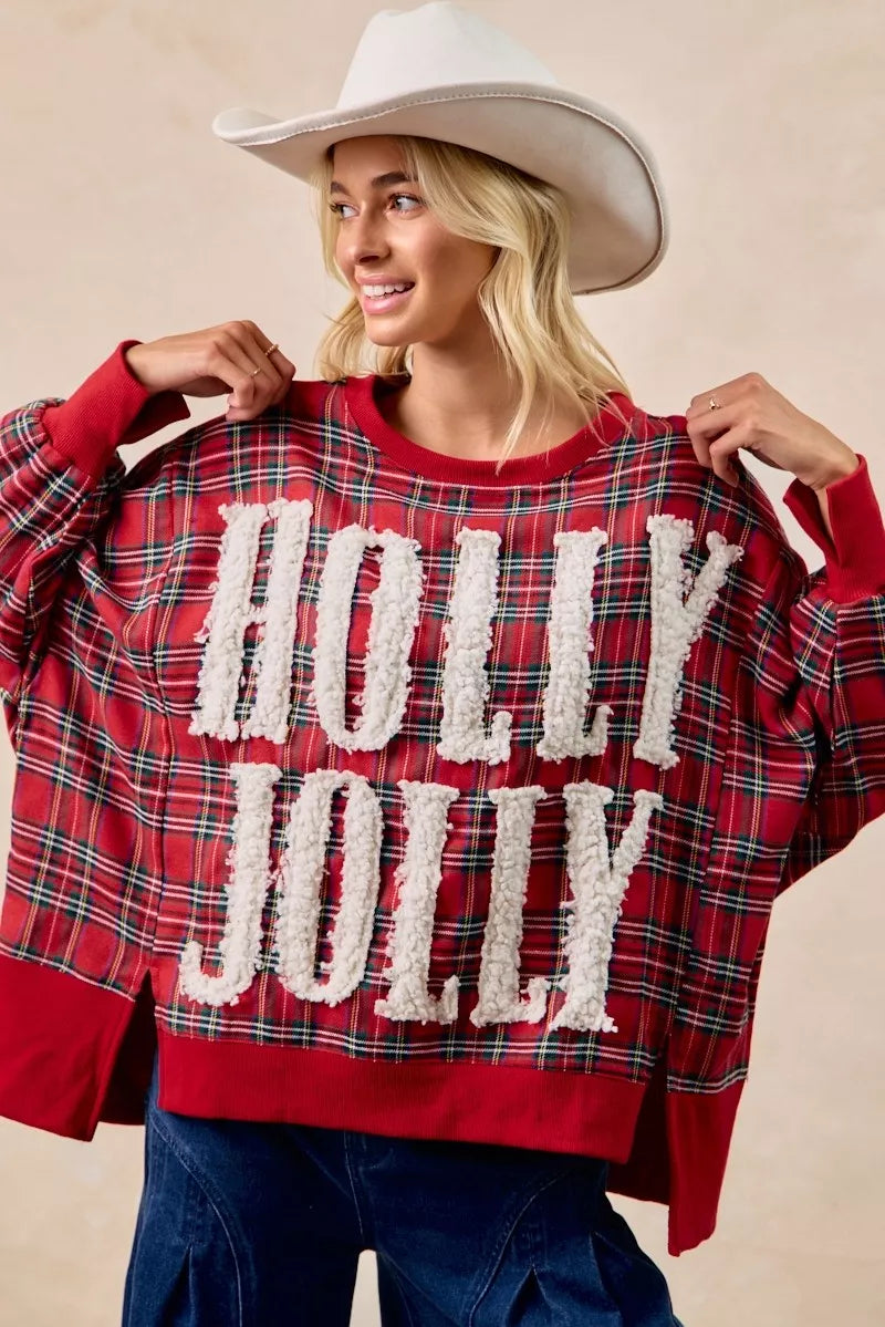Holly Jolly Christmas Plaid Oversized Sweatshirt – Festive Holiday Top