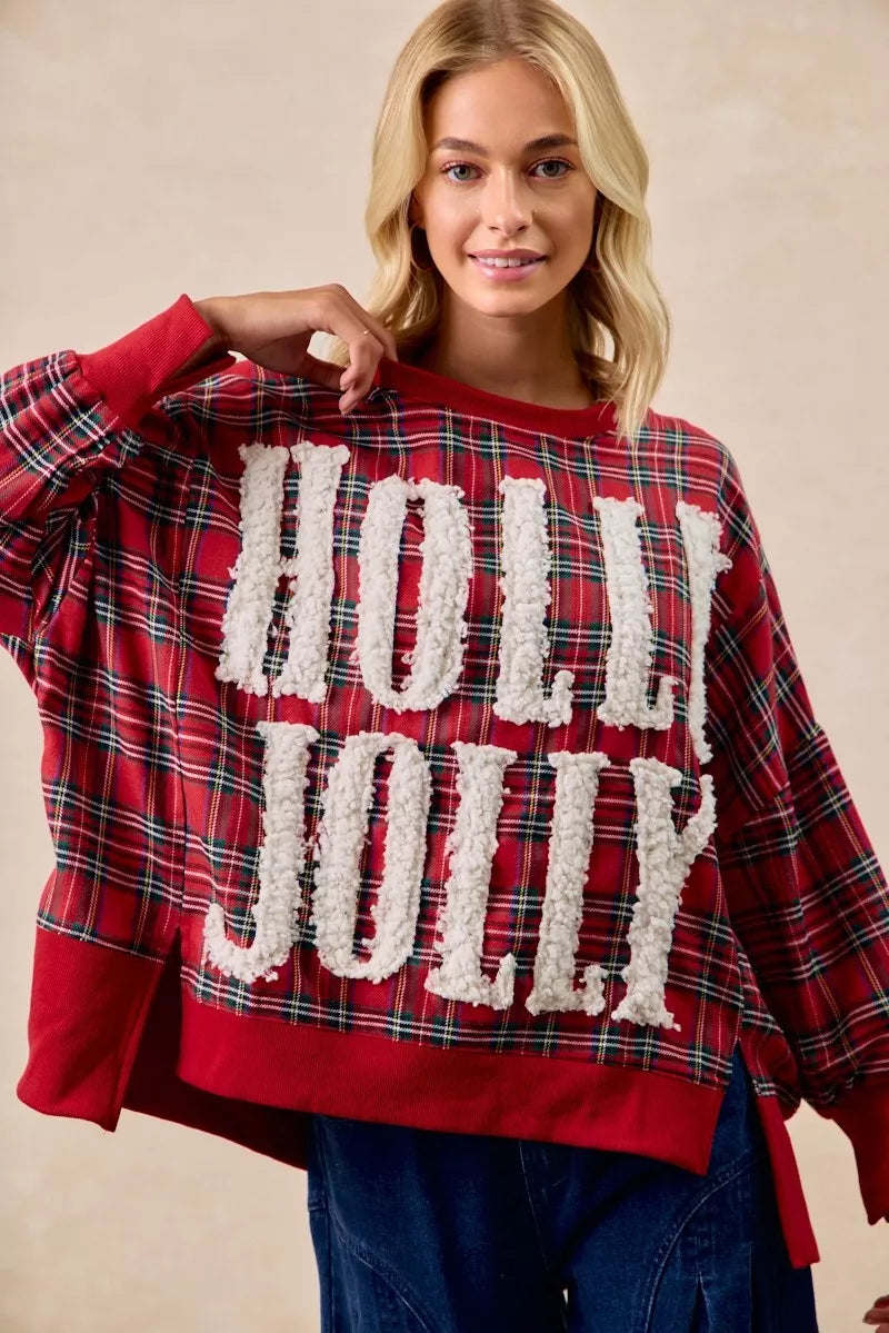 Holly Jolly Christmas Plaid Oversized Sweatshirt – Festive Holiday Top