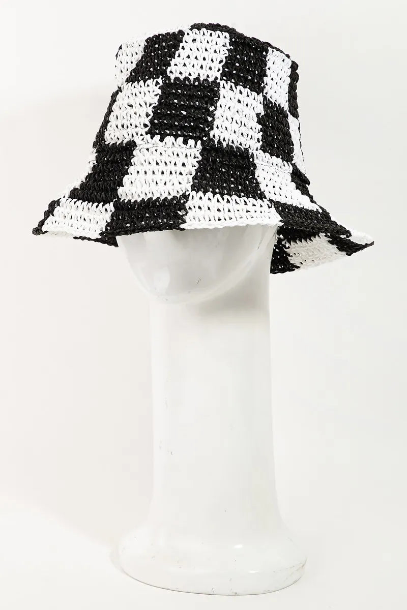 Checkered Pattern Knit Bucket Hat – Trendy Casual Streetwear