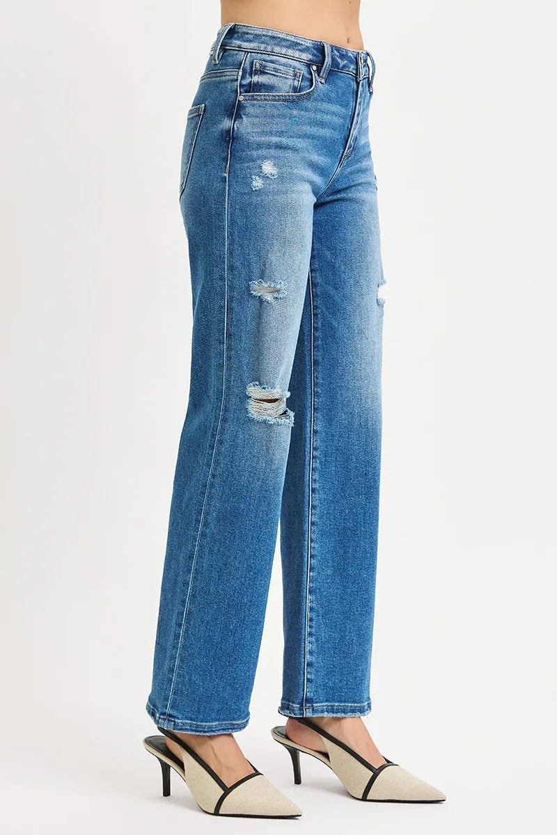 Dreamkue-Risen Women's High Rise Ankle Straight Jeans Distressed Front Body Stretch Denim