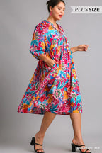 Floral Print Tie Neck Midi Dress with Pockets – Elegant & Chic