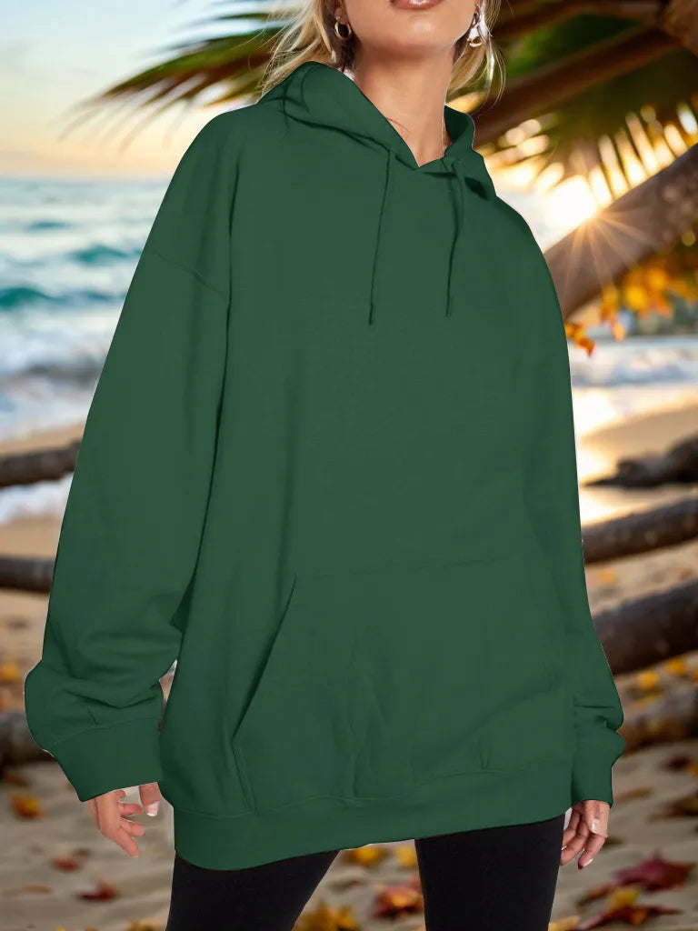 Deep green drawstring dropped-shoulder hoodie with front kangaroo pocket and hood.