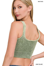 Washed ribbed seamless square-back crop top with bra pads, ash olive