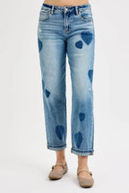 Heart Print Boyfriend Jeans – Light Wash Relaxed Fit Denim