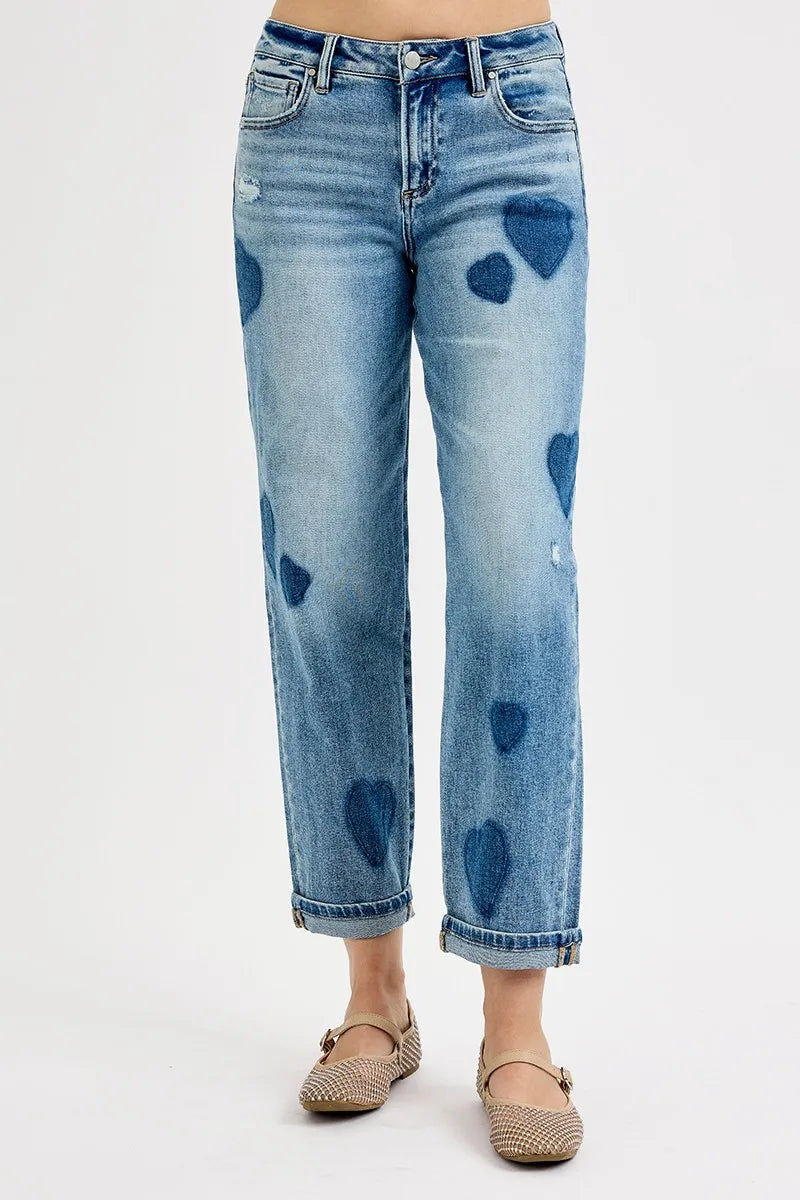 Heart Print Boyfriend Jeans – Light Wash Relaxed Fit Denim
