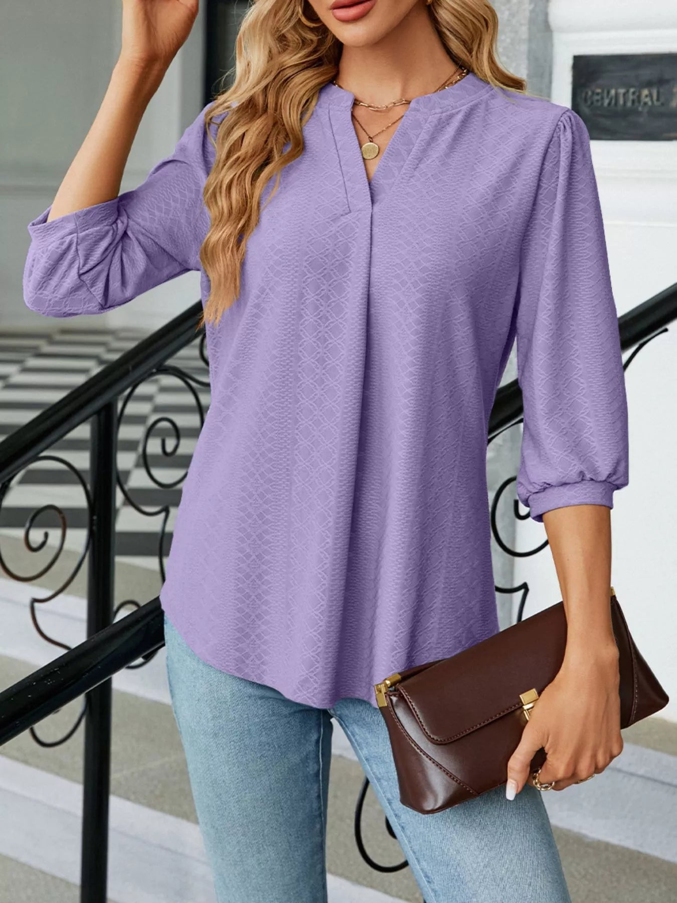 Notched 3/4 Sleeve Casual Top – Effortless Everyday Style