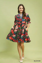 Floral tiered puff-sleeve dress, black with vibrant red, green, and blue floral print
