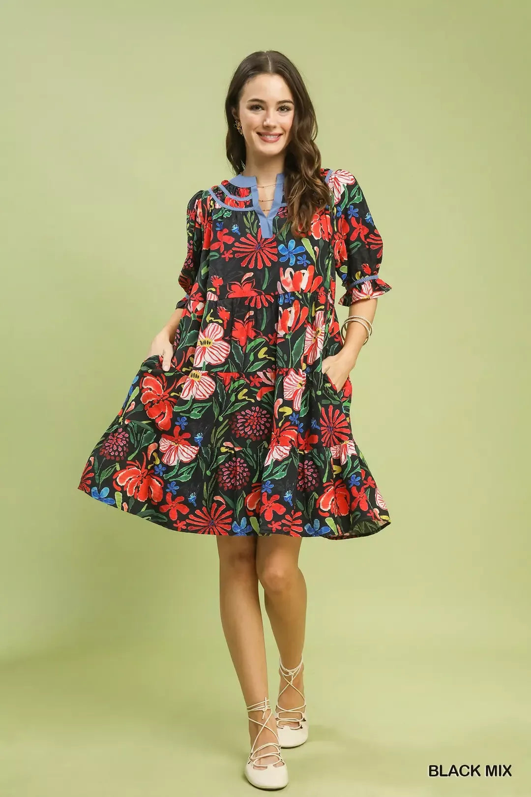 Floral tiered puff-sleeve dress, black with vibrant red, green, and blue floral print