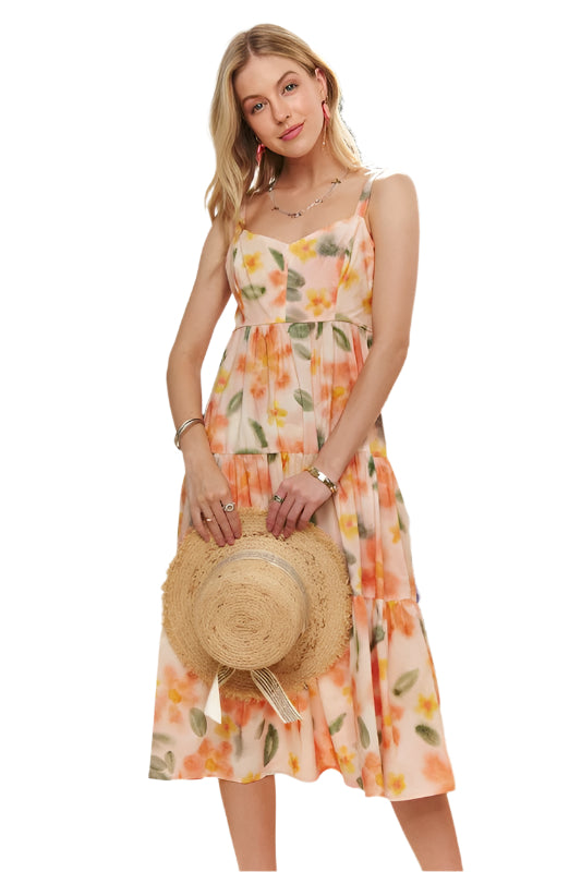 ADORA Smocked Back Floral Adjustable Strap Midi Dress