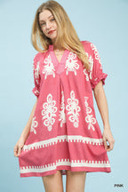 Pink ruched mini dress with white floral border print and puff sleeves