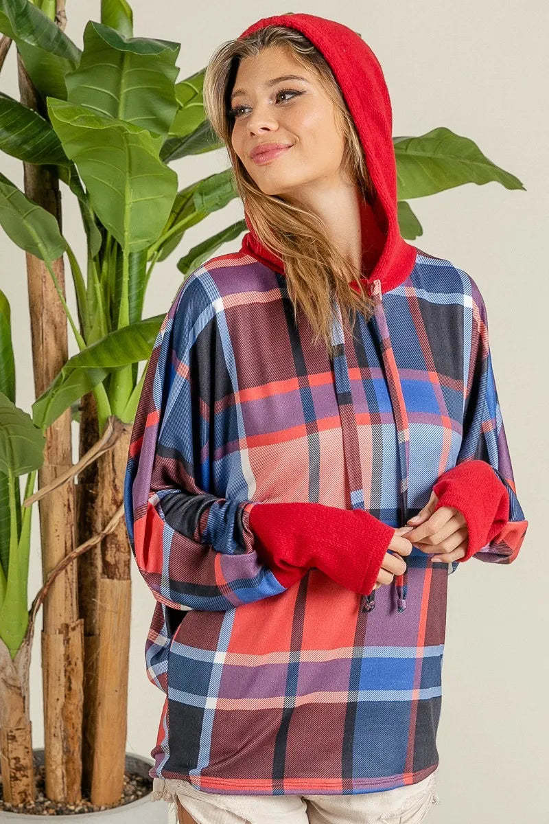 Plaid Brushed Rib Contrast Thumb Open Hoodie – Cozy Casual Layer