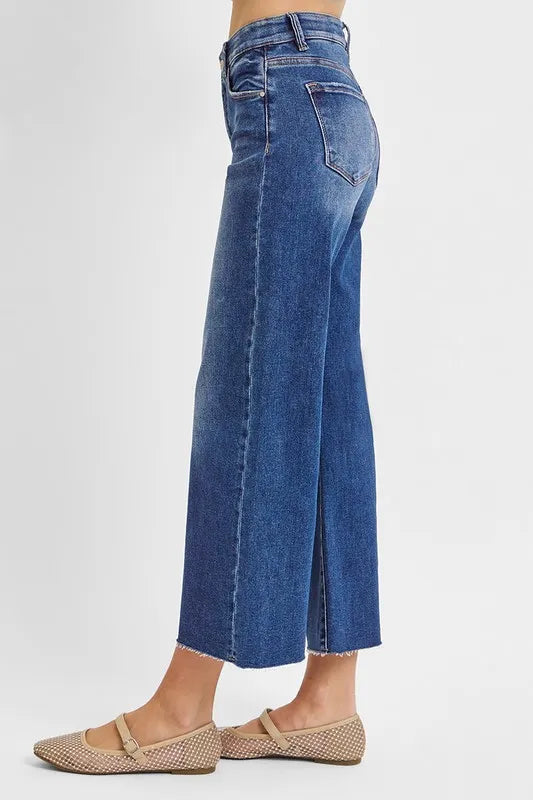 Dreamkue-Risen Women's Wide Leg Cropped Jeans High Rise Stretch Denim Pants Casual Style