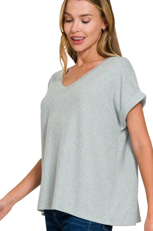 Blue Grey Textured Knit T-Shirt – V-Neck, Relaxed Fit & Rolled Sleeves