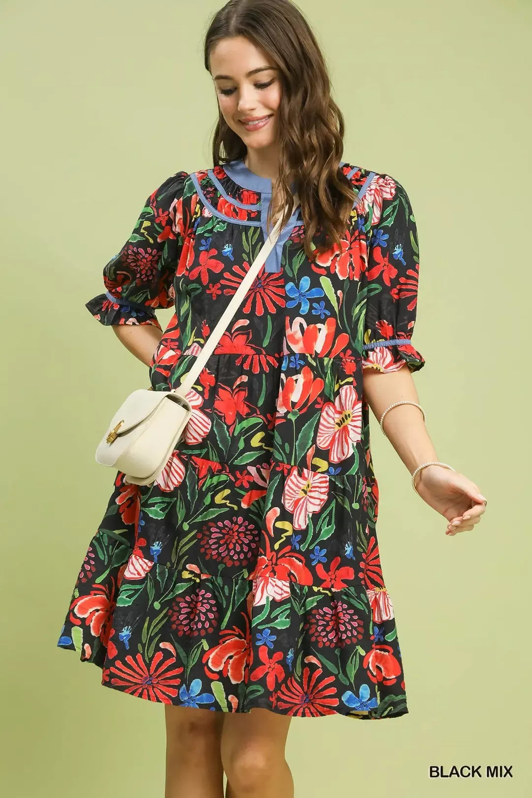 Floral tiered puff-sleeve dress, black with red, green, and blue flower print