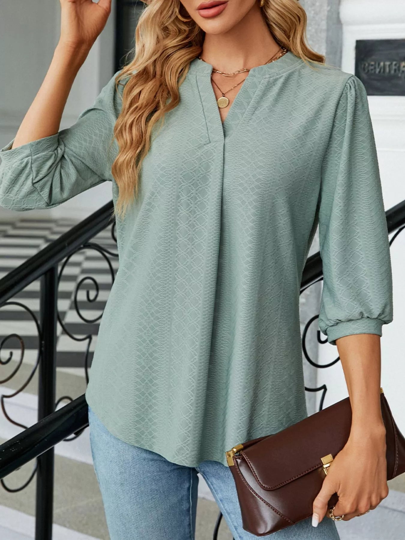 Notched 3/4 Sleeve Casual Top – Effortless Everyday Style