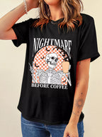 Halloween Skull Checkerboard Graphic Tee – Round Neck T-Shirt