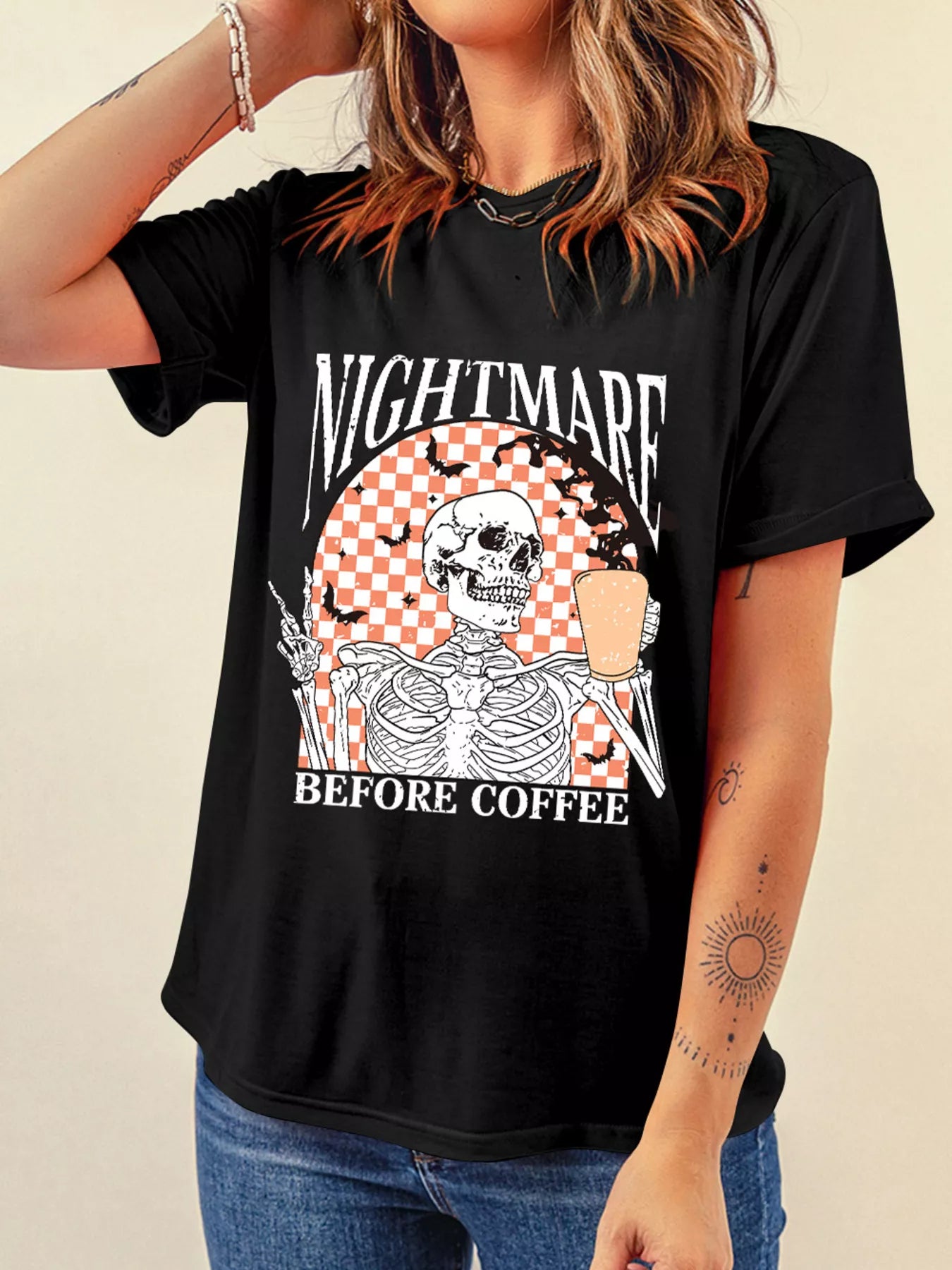 Halloween Skull Checkerboard Graphic Tee – Round Neck T-Shirt