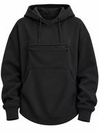 Black cat pouch drawstring hoodie front view with kangaroo pocket and drawstrings