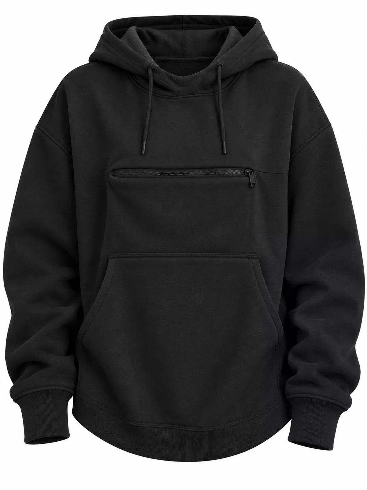 Black cat pouch drawstring hoodie front view with kangaroo pocket and drawstrings