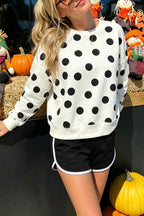 White polka dot round-neck sweatshirt with long sleeves and ribbed hem and cuffs