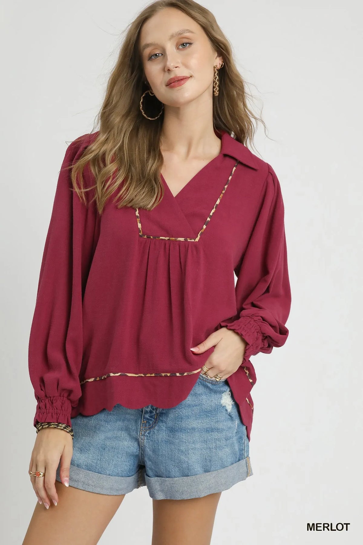 Linen Scallop Hem Blouse Contrast Trim Elegant Women’s Casual Plus Top