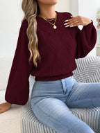 Wine red argyle lantern-sleeve sweater with long puffed sleeves and ribbed neckline