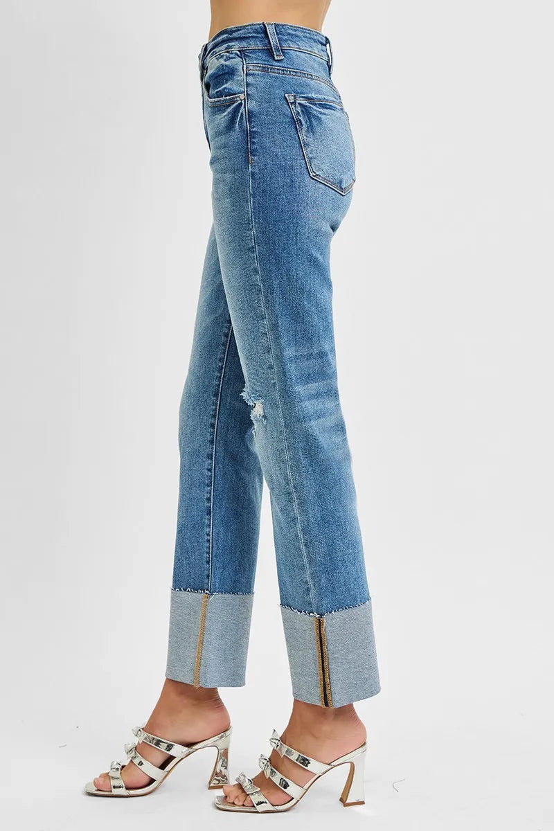 High Rise Ankle Straight Wide Cuffed Jeans | Modern Chic Denim