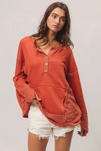 French Terry Henley Top with Side Block Detail & Button Accents