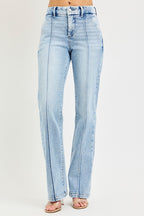 Light wash high-rise straight-leg jeans, front view with belt loops