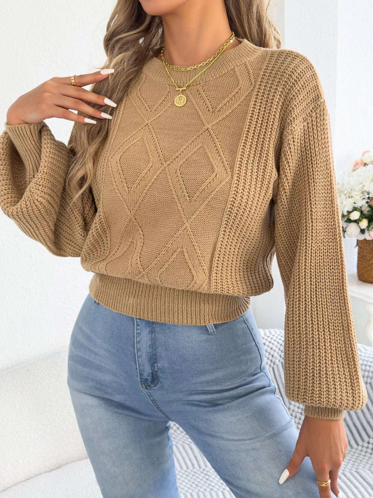 Khaki argyle knit sweater with lantern sleeves and crew neckline