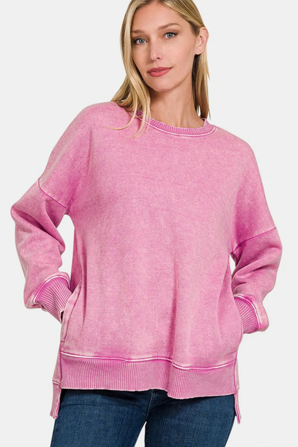 High-Low Acid Wash Fleece Sweatshirt – Vintage Casual Style