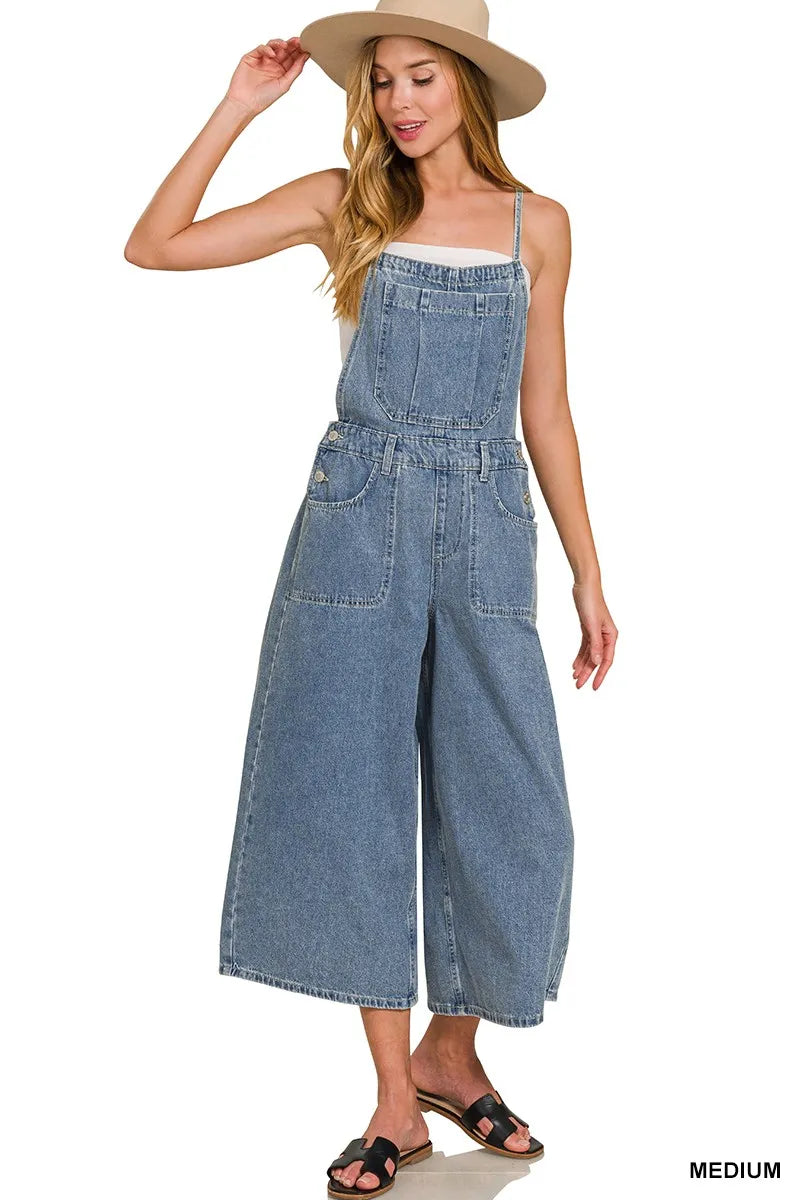 Medium Washed Wide Leg Denim Overalls | Women’s Retro Casual Jeans