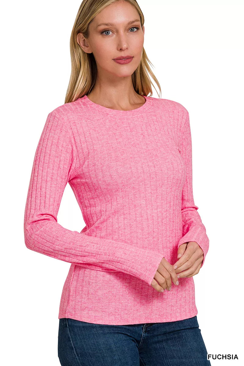 Zenana Pink Ribbed Long Sleeve T-Shirt – Stretch Fit & Style