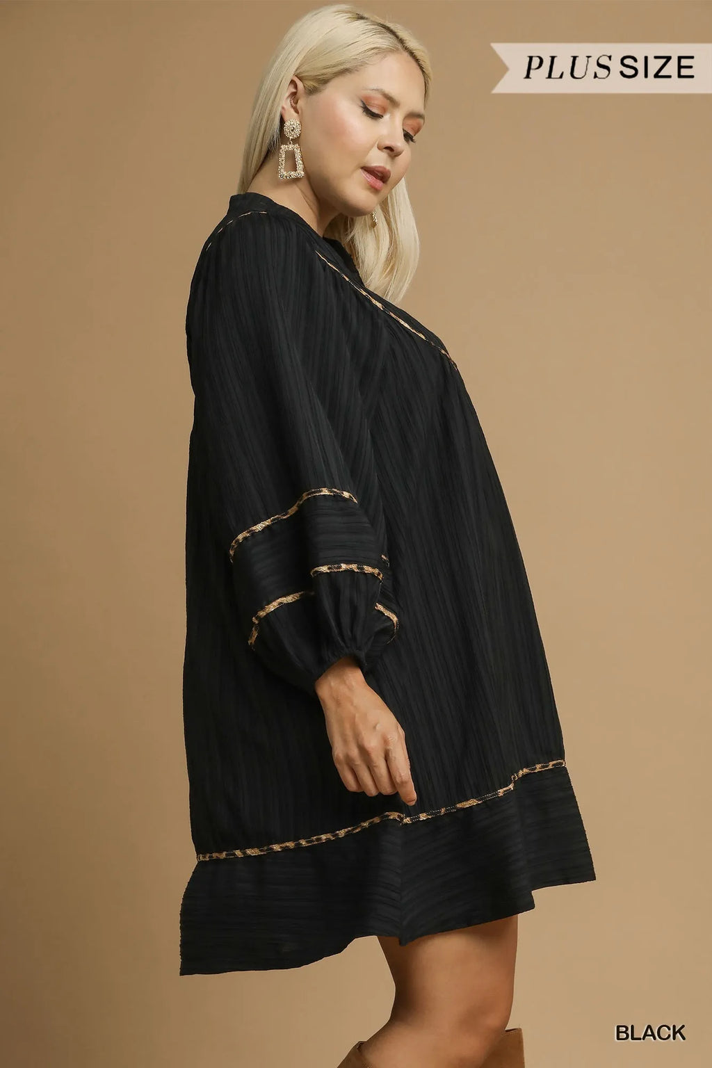 Textured Babydoll Dress with Leopard Trim Trendy & Playful Style