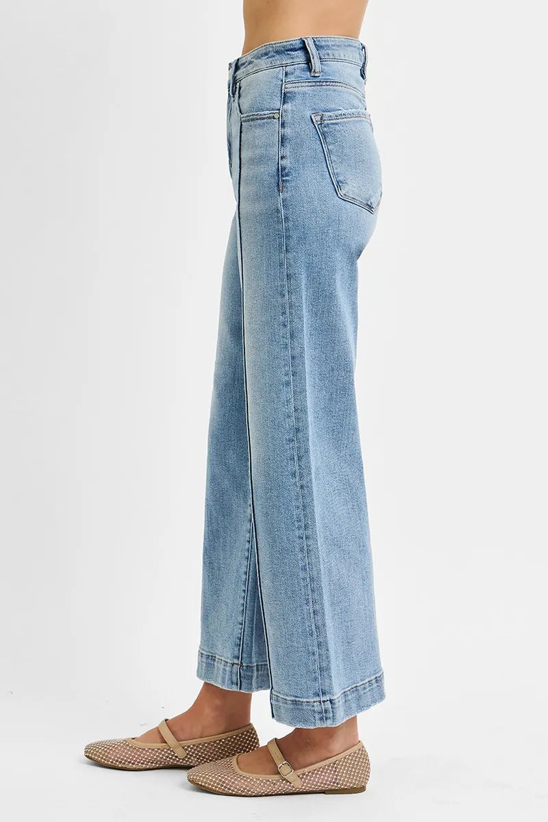 Dreamkue-Risen Women's High Rise Crop Wide Leg Jeans Stretch Denim