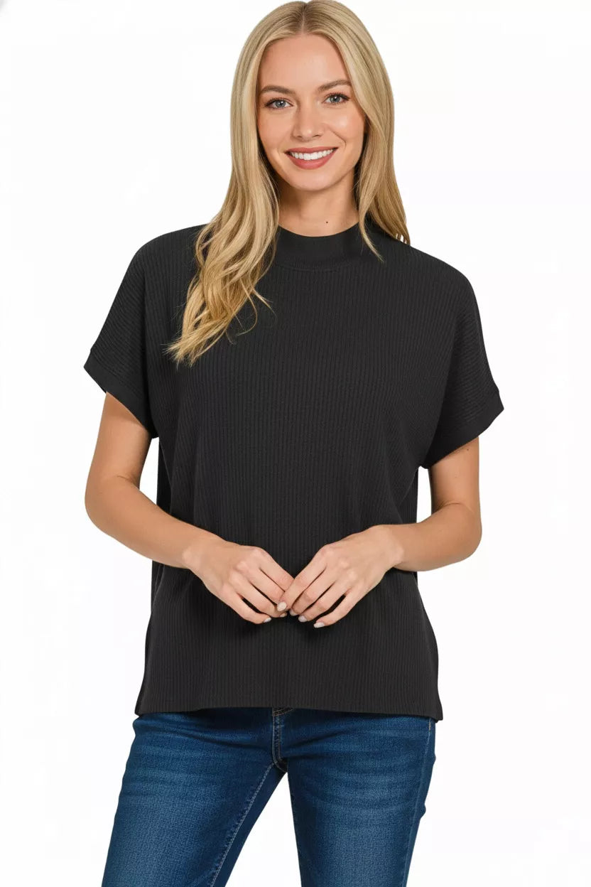 Women's black mock neck short-sleeve boxy knit sweater with ribbed texture