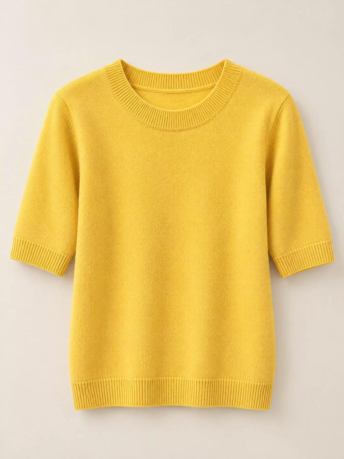 Yellow round-neck short-sleeve knit sweater with ribbed neckline and cuffs