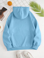 Light blue hoodie with kangaroo pocket and hood, dropped shoulders