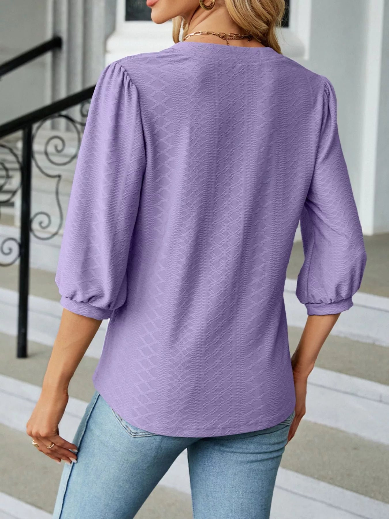Notched 3/4 Sleeve Casual Top – Effortless Everyday Style