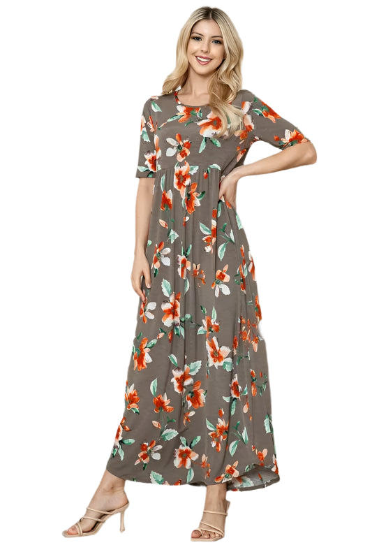 BOMBOM Floral Round Neck Short Sleeve Maxi Tee Dress